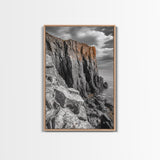 Rugged Cliff Coast, Ocean Rocks, Dramatic Sky, Seaside View, Framed Canvas Print, Coastal Decor, Living Room Wall Art, Earthy Tones