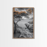Coastal Tree, Ocean Horizon, Windswept Shoreline, Tranquil Mood, Framed Canvas Print, Minimalist Wall Art, Neutral Tones, Zen Decor
