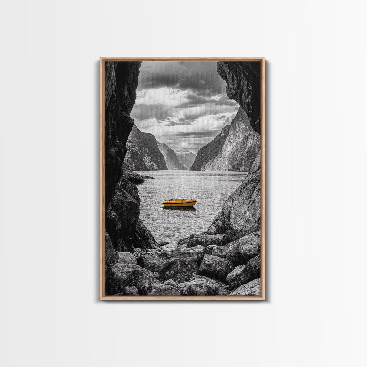 Yellow Boat, Mountain Lake, Serene Fjord Scene, Framed Canvas Print, Minimalist Wall Art, Nature Landscape, Scandinavian Decor