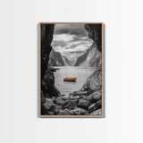 Yellow Boat, Mountain Lake, Serene Fjord Scene, Framed Canvas Print, Minimalist Wall Art, Nature Landscape, Scandinavian Decor