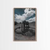 Elephant Reflection, Watering Hole, Savannah Sky, Framed Canvas Print, Wildlife Wall Art, Safari Style Decor, Nature Photography