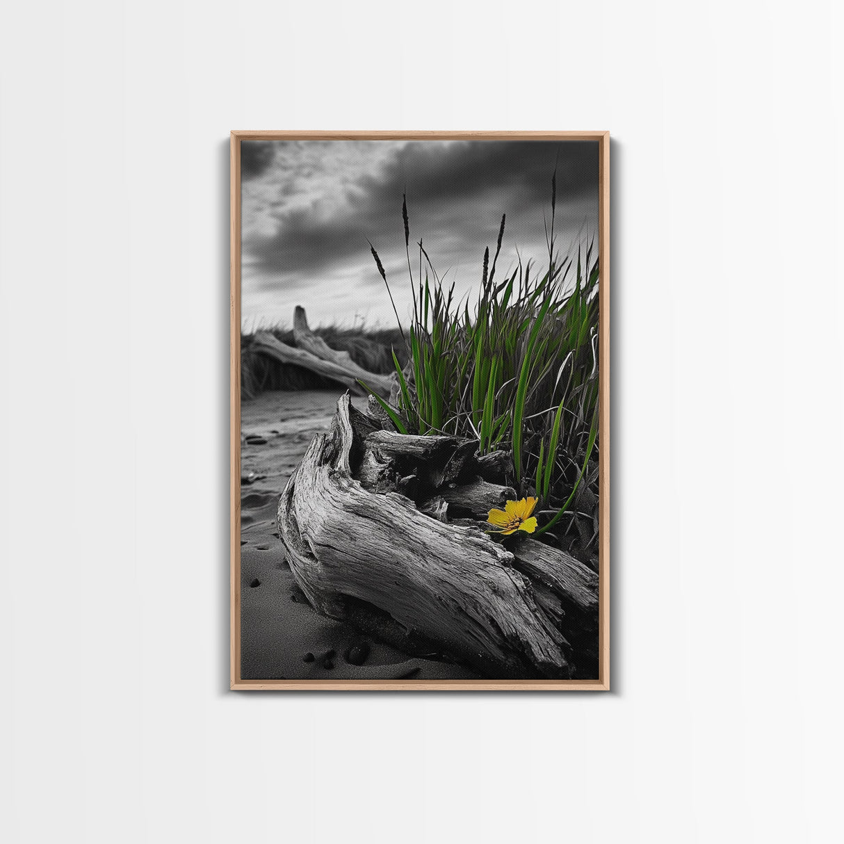 Wild Bloom, Yellow Flower, Driftwood and Grass, Moody Beach Scene, Framed Canvas Print, Autumn Wall Art, Nature Decor, Cozy Home Accent