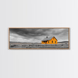 Yellow House, Stormy Sky, Minimalist Landscape, Rural Farmhouse, Framed Canvas Print, Rustic Wall Decor, Living Room Wall Art