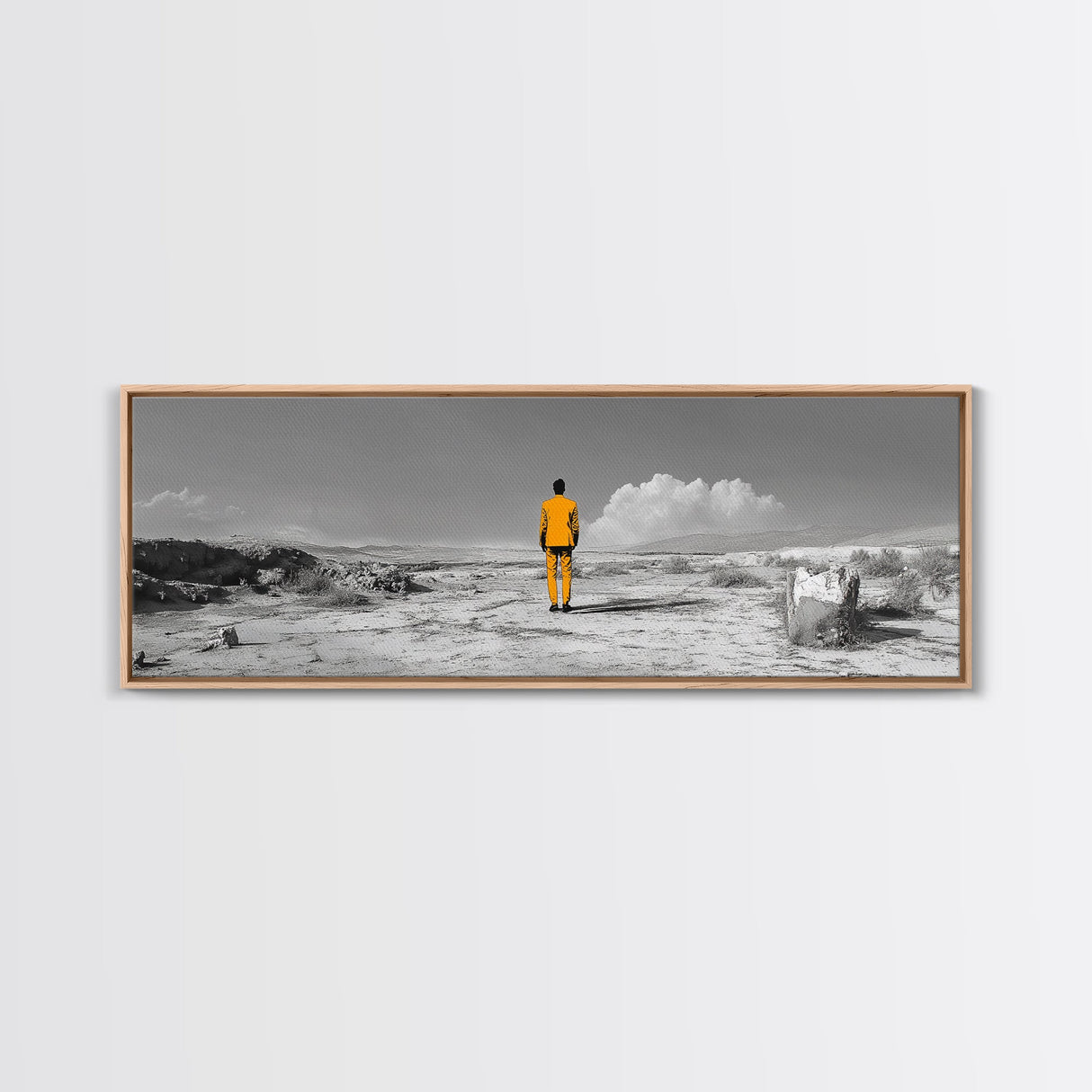 Yellow Suit, Surreal Desert, Lone Wanderer, Conceptual Art — Framed Canvas Print, Modern Art, Office Decor, Minimalist Statement Piece