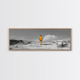 Yellow Suit, Surreal Desert, Lone Wanderer, Conceptual Art — Framed Canvas Print, Modern Art, Office Decor, Minimalist Statement Piece