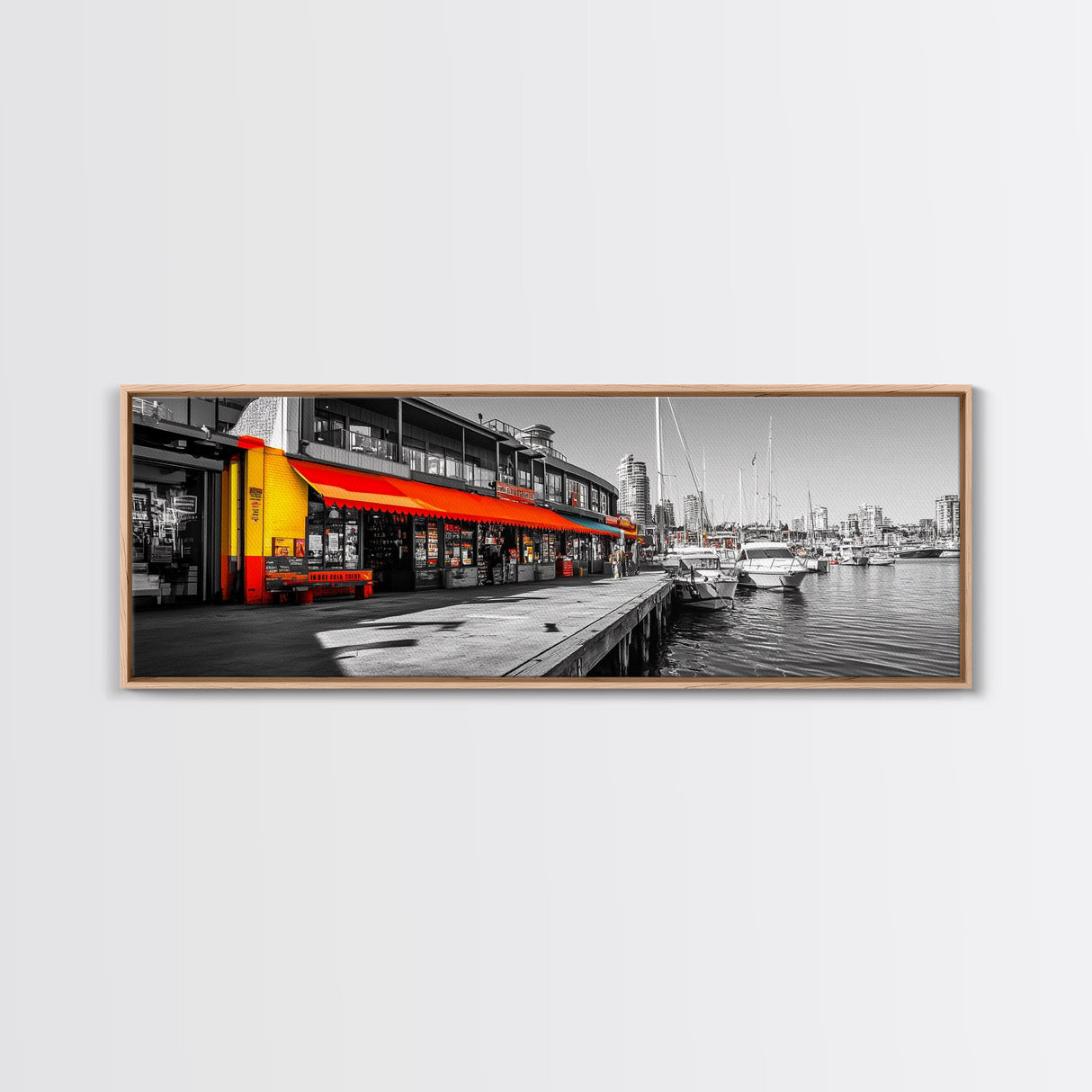 Waterfront Market, Urban Vibes, Boats and Shops, City Harbor — Framed Canvas Print, Kitchen Wall Art, Modern Cityscape, Vibrant Wall Decor
