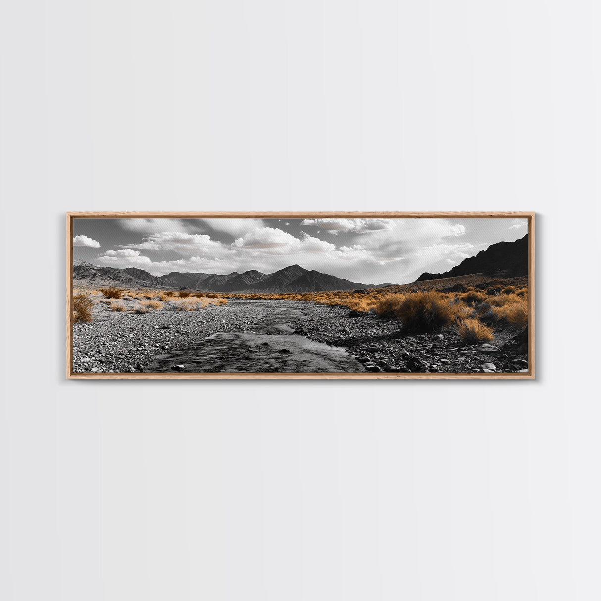 Desert Creek, Rugged Mountains, Golden Shrubs, Nature Path — Framed Canvas Print, Autumn Wall Decor, Rustic Office Art, Landscape Canvas