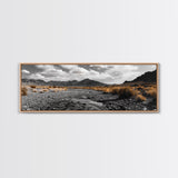 Desert Creek, Rugged Mountains, Golden Shrubs, Nature Path — Framed Canvas Print, Autumn Wall Decor, Rustic Office Art, Landscape Canvas