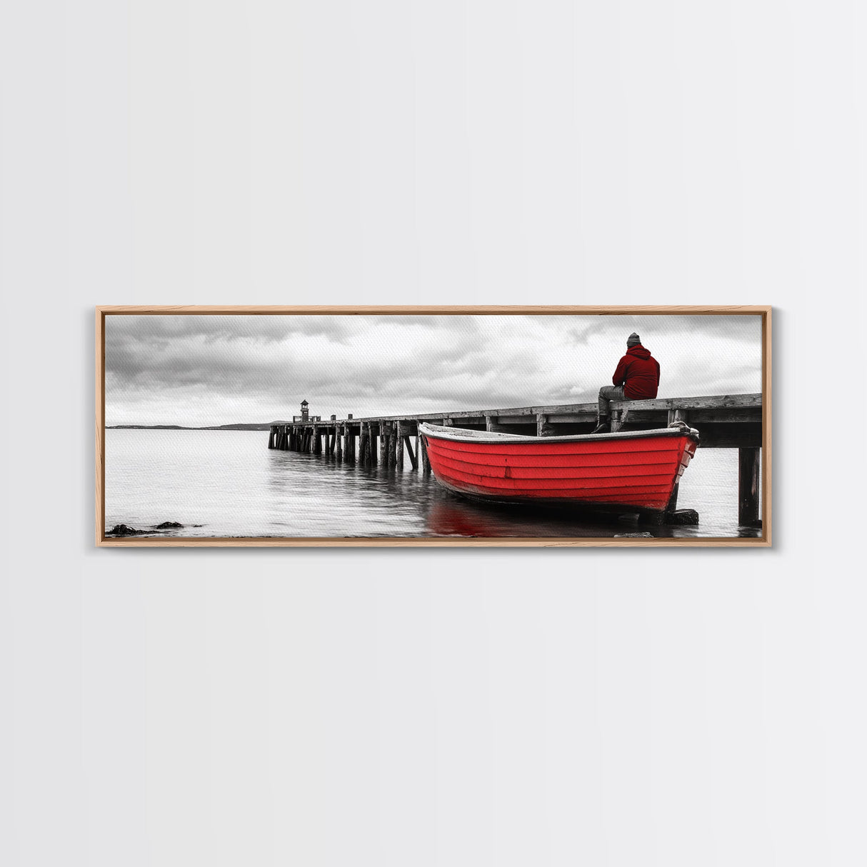 Red Boat Dock, Lonely Harbor View, Seaside Silence, Framed Canvas Print, Nautical Wall Art, Beach House Decor, Moody Coastal Vibes