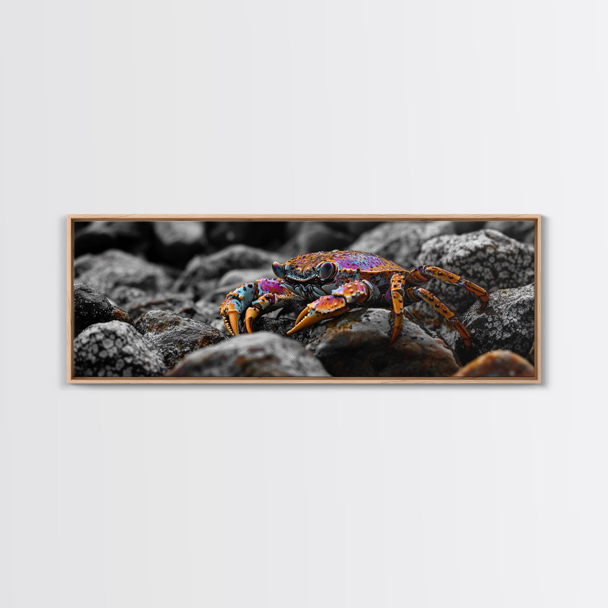 Rainbow Crab, Coastal Creature, Ocean Life, Vibrant Nature, Framed Canvas Print, Bathroom Wall Art, Coastal Home Decor