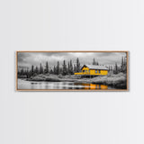Yellow Cabin, Forest River View, Wilderness Retreat, Framed Canvas Print, Rustic Wall Art, Lodge Decor, Cozy Nature Landscape Style