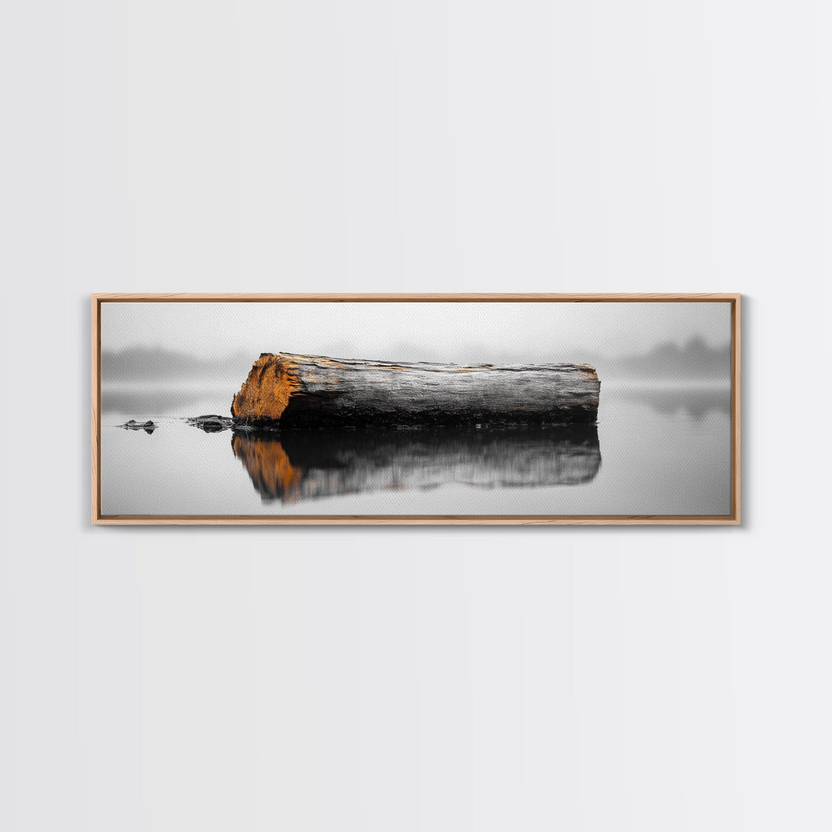 Weathered Log Reflection, Calm Lake Scene, Canvas Print, Minimalist Nature Photography, Zen Bathroom Wall Art, Serene Rustic Decor