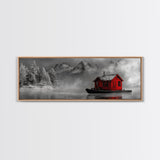 Red Cabin in Fog, Mountain Lake Boat House, Canvas Print, Winter Lodge Wall Art, Moody Nature Decor, Black and White Landscape Art