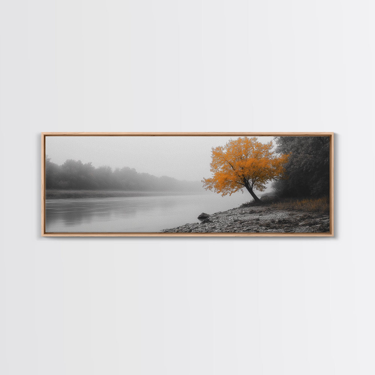 Foggy Riverbank Tree, Orange Fall Tree, Framed Canvas Print, Autumn Nature Scene, Moody Landscape Wall Art, Rustic Bedroom Decor