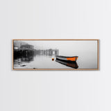 Harbor Rowboat Reflection, Foggy Dock Scene, Framed Canvas Print, Coastal Minimalist Wall Art, Seaside Entryway Decor, Moody Ocean Art