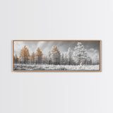 Snowy Forest Landscape, Frosted Pine Trees, Winter Wonderland Scene, Framed Canvas Print, Nordic Minimalist, Holiday Wall Art