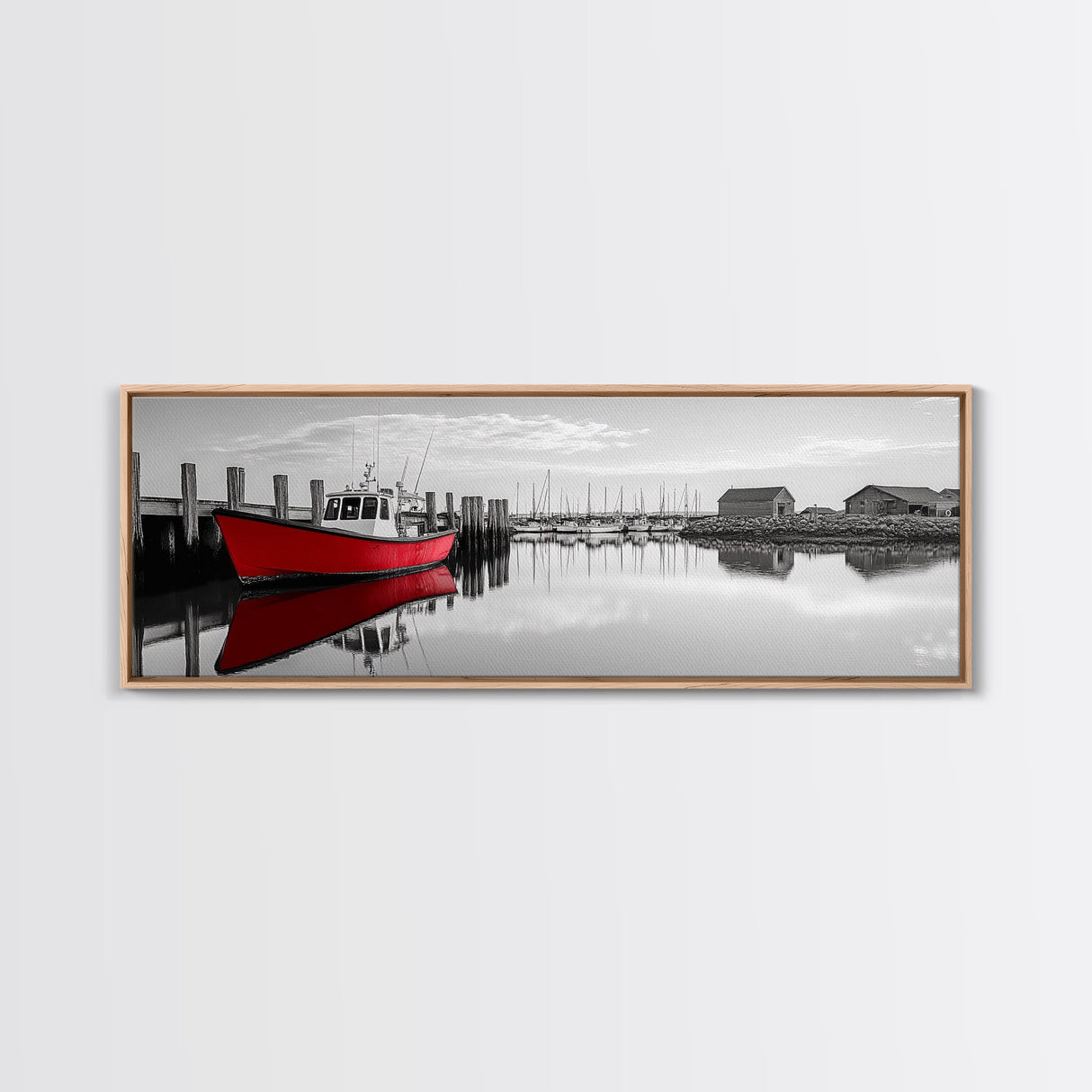 Red Fishing Boat, Harbor Reflection Scene, Calm Dockside Water, Framed Canvas Print, Nautical Art, Living Room Wall Decor