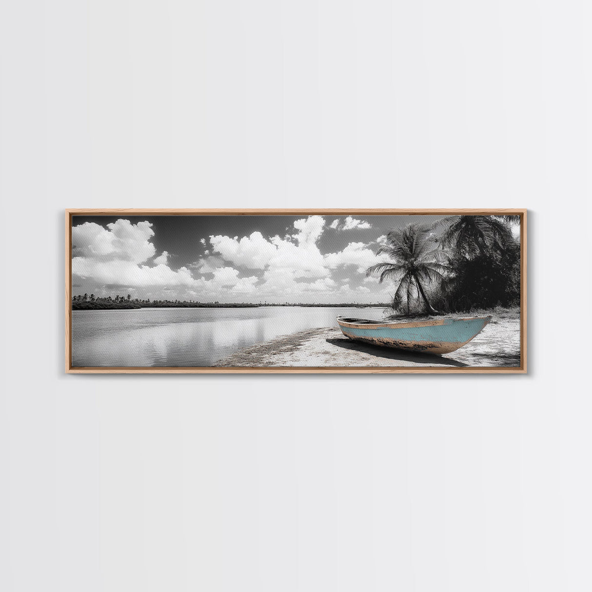 Tropical Boat, Deserted Beach, Palms and Clouds, Ocean Peace, Framed Canvas Print, Boho Wall Art, Bedroom Decor, Seaside Minimalism