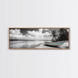 Tropical Boat, Deserted Beach, Palms and Clouds, Ocean Peace, Framed Canvas Print, Boho Wall Art, Bedroom Decor, Seaside Minimalism