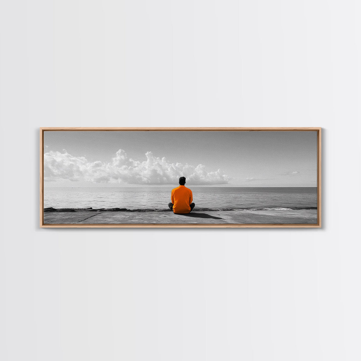 Orange Jacket, Solitude Man, Sea Gaze, Minimal Mood, Framed Canvas Print, Office Wall Art, Modern Decor, Reflective Photography