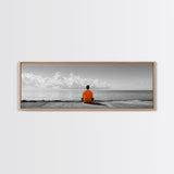 Orange Jacket, Solitude Man, Sea Gaze, Minimal Mood, Framed Canvas Print, Office Wall Art, Modern Decor, Reflective Photography