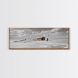 Winter Fishing, Ice House, Snowy Sky, Arctic Chill, Framed Canvas Print, Cabin Wall Art, Minimalist Winter Decor, Monochrome Scene