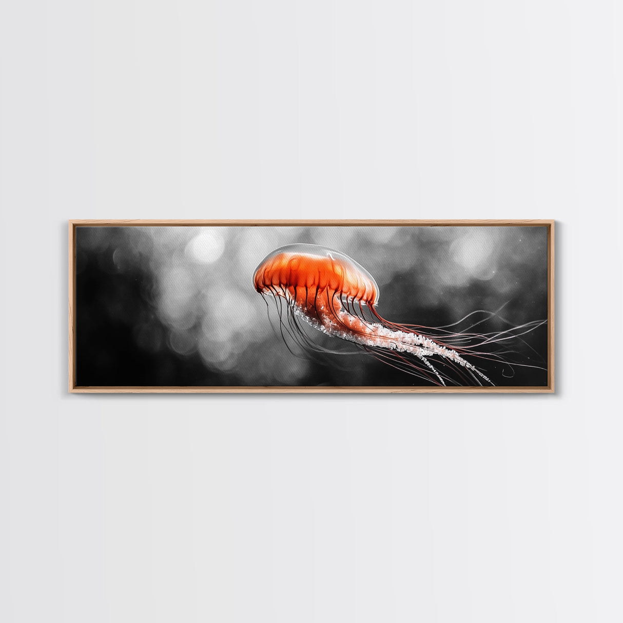Jellyfish Glow, Ocean Depths, Abstract Sea Life, Framed Canvas Print, marine animal art, coastal bathroom decor, modern underwater wall art