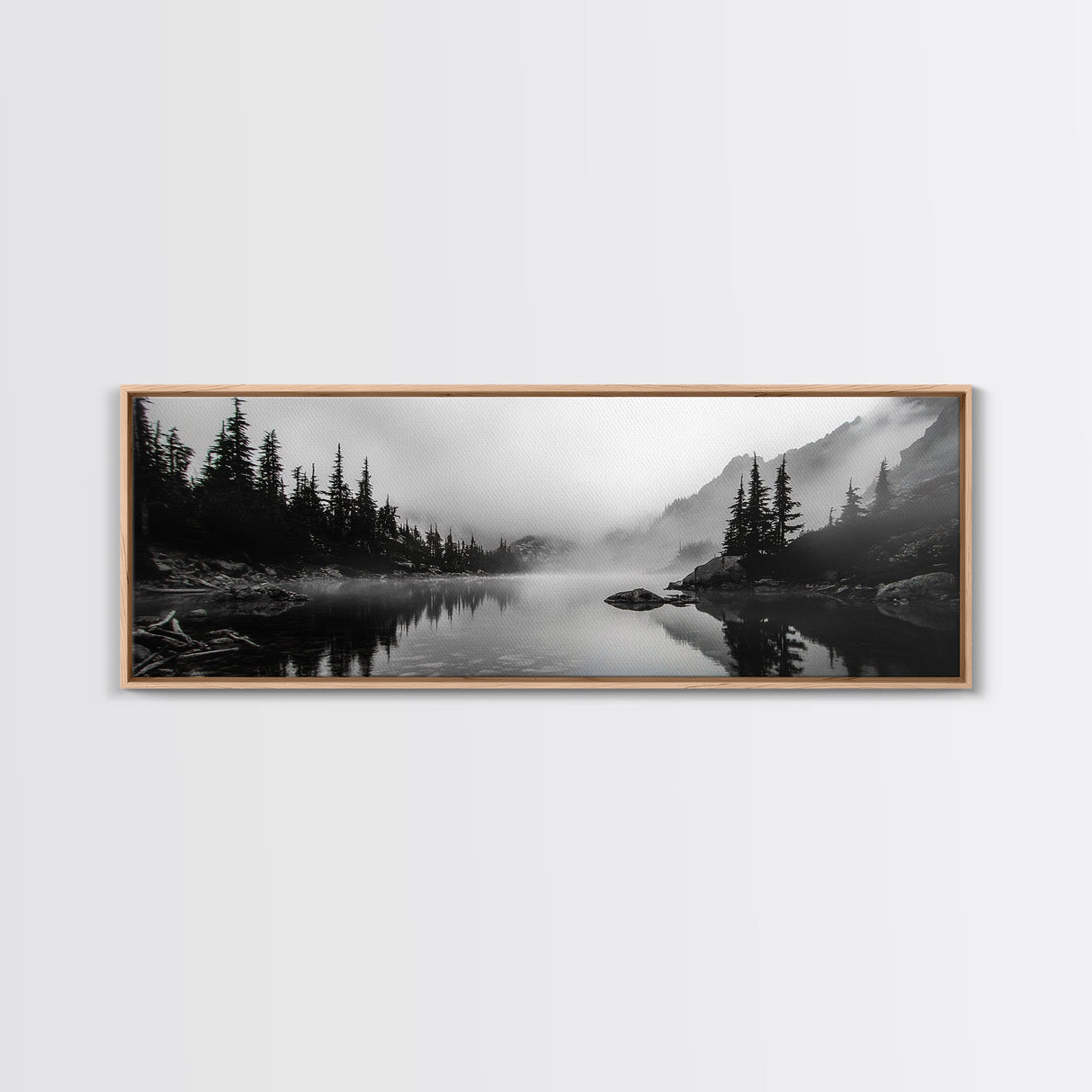 Foggy Pines, Mountain Reflection, Monochrome Wilderness, Canvas Print, black and white wall art, cabin decor, minimalist forest scene