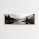 Foggy Pines, Mountain Reflection, Monochrome Wilderness, Canvas Print, black and white wall art, cabin decor, minimalist forest scene