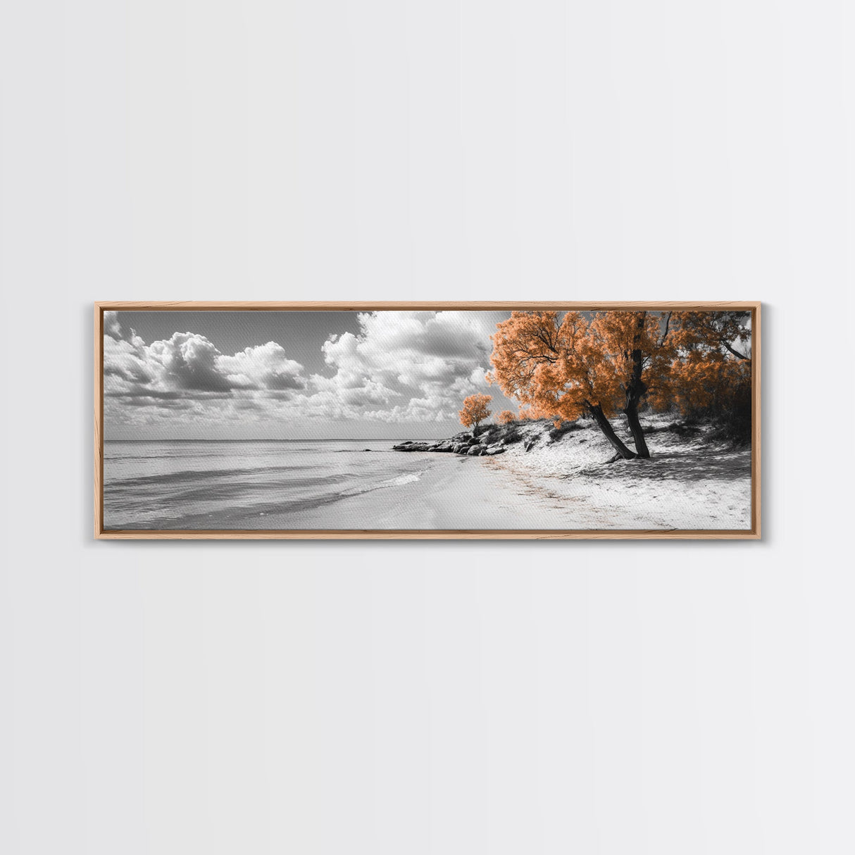 Sandy Beach Trees, Golden Autumn Coastline, Cloudy Sky Horizon, Canvas Print, Nature Coastal Art, Bathroom Wall Decor, Boho Fall Aesthetic