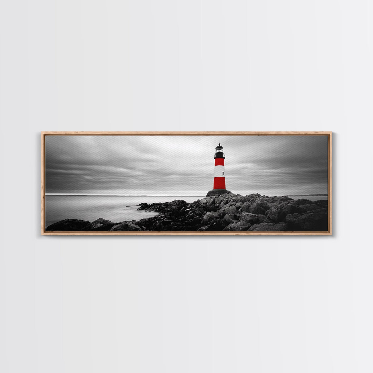 Lighthouse Coastline, Red Beacon, Stormy Sea, Black and White Landscape, Framed Canvas Print, Nautical Decor, Office Wall Art, Modern Style