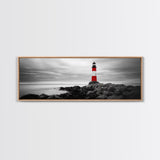 Lighthouse Coastline, Red Beacon, Stormy Sea, Black and White Landscape, Framed Canvas Print, Nautical Decor, Office Wall Art, Modern Style