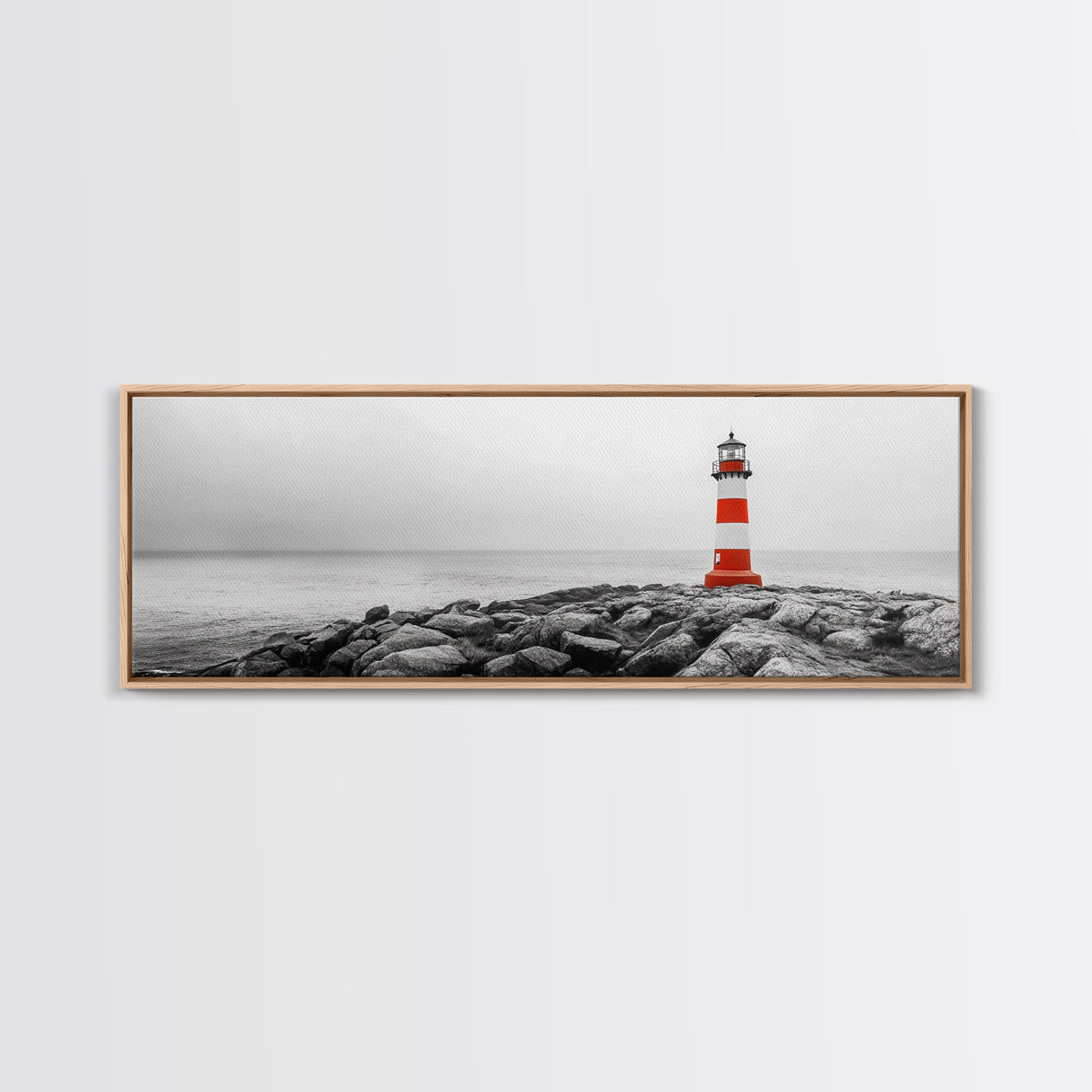 Rocky Shore, Coastal Guide, Red Lighthouse, Ocean Cliff Scene, Framed Canvas Print, Nautical Wall Decor, Bathroom Wall Art, Minimalist Art