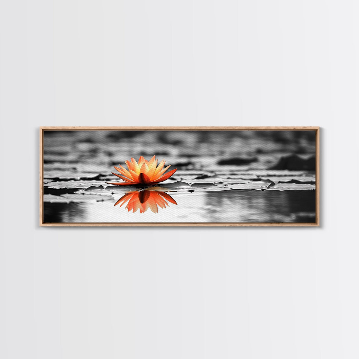 Tranquil Lotus, Zen Water, Orange Glow, Reflective Serenity, Framed Canvas Print, Bedroom Wall Art, Spa Decor, Boho Style, Meditation Vibe