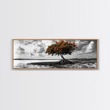 Mangrove Tree, Coastal Roots, Windswept Shore, Stormy Sky, Framed Canvas Print, Entryway Wall Art, Tropical Nature Art, Minimalist Style