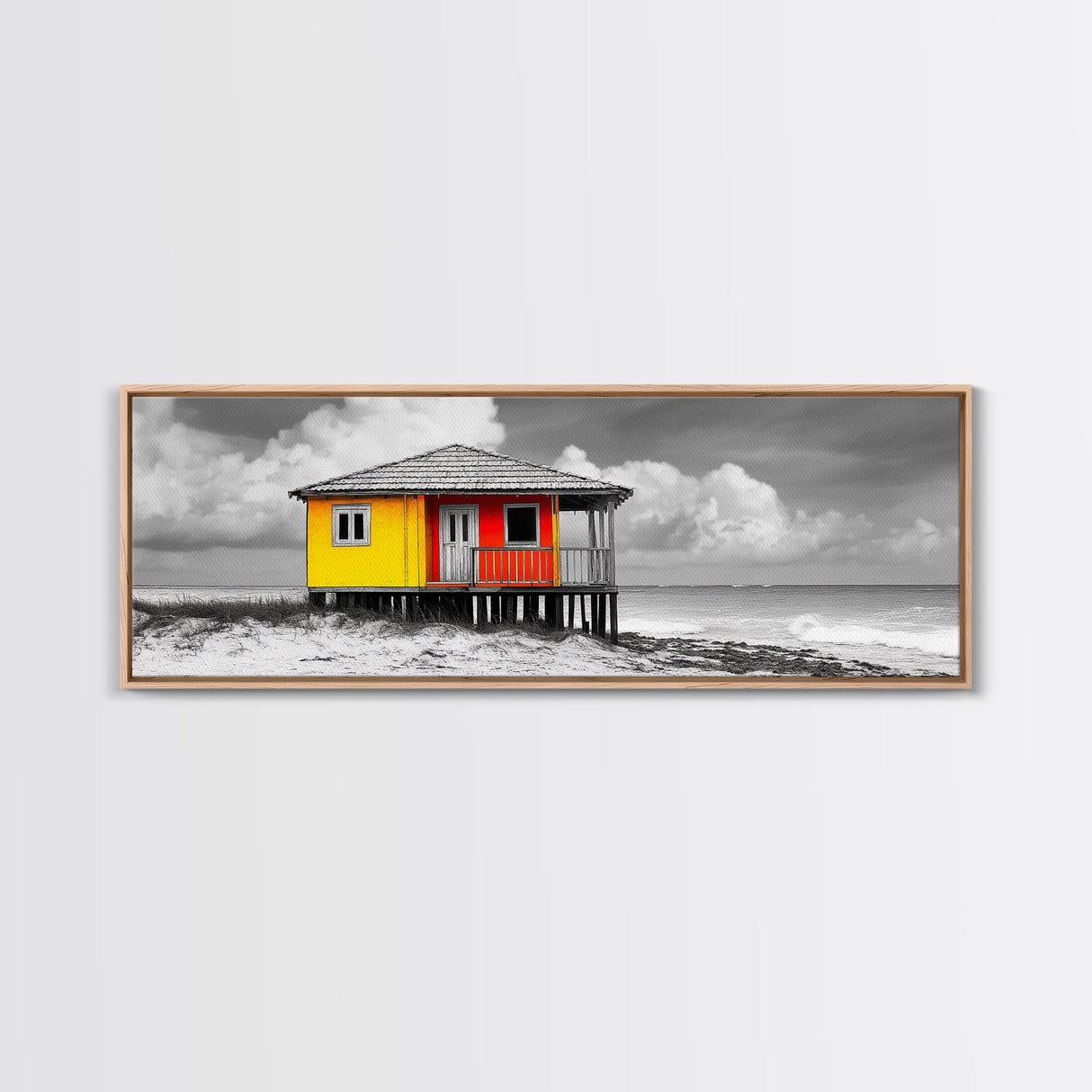 Yellow Cabin, Seaside Shack, Color Pop, Coastal Vibes, Framed Canvas Print, Beach House Wall Art, Bold Nautical Decoretic