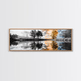 Surreal Reflection, Tree Silhouettes, Split Sky, Framed Canvas Print, trippy landscape art, black and white dreamy wall decor