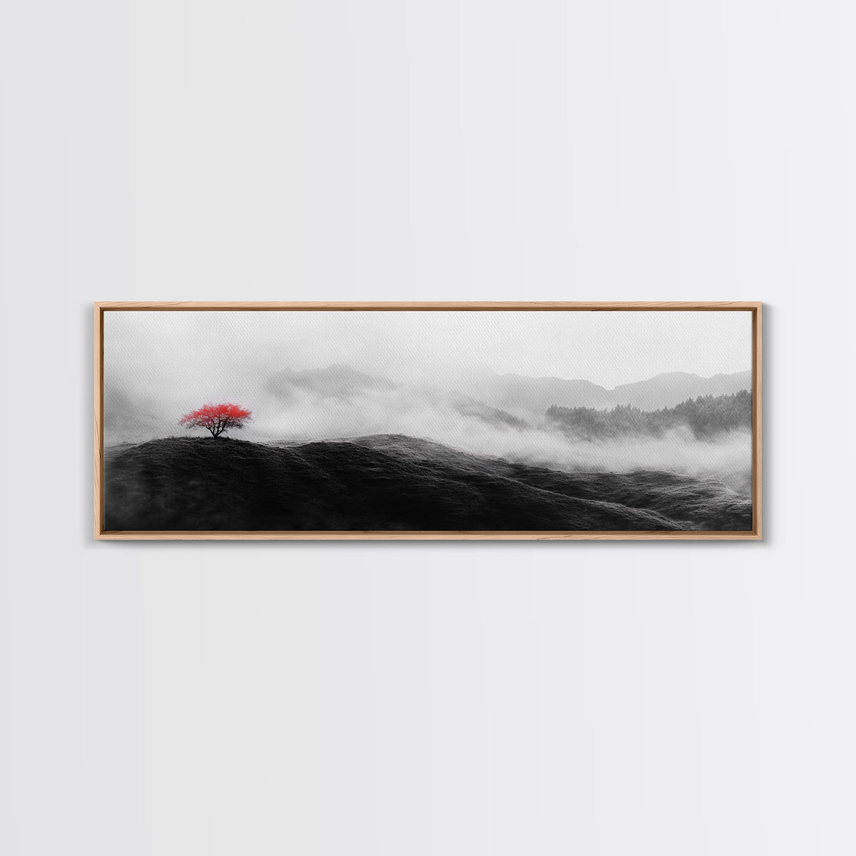 Lone Red Tree, Misty Hills, Minimalist Landscape, Framed Canvas Print, serene bedroom wall art, abstract black and white decor