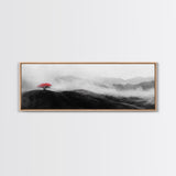 Lone Red Tree, Misty Hills, Minimalist Landscape, Framed Canvas Print, serene bedroom wall art, abstract black and white decor