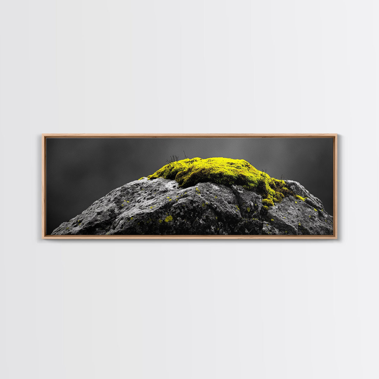 Yellow Moss, Stone Detail, Minimal Nature, Framed Canvas Print, modern zen wall art, earthy bathroom decor, botanical accent