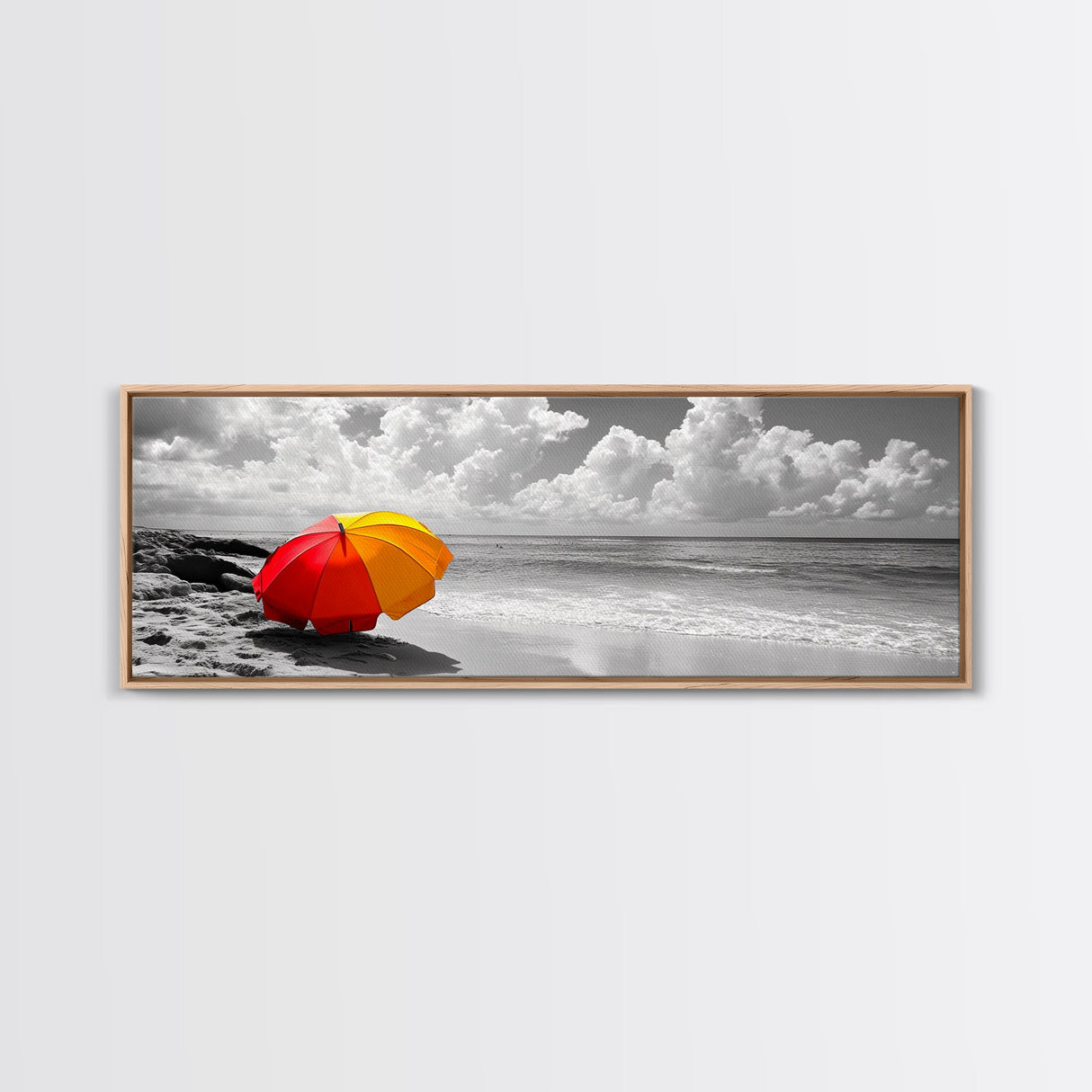 Red Yellow Umbrella, Beach Art, Summer Decor, Modern Coastal Print, Framed Canvas Print, Minimalist Wall Art, Bathroom or Hallway Decor