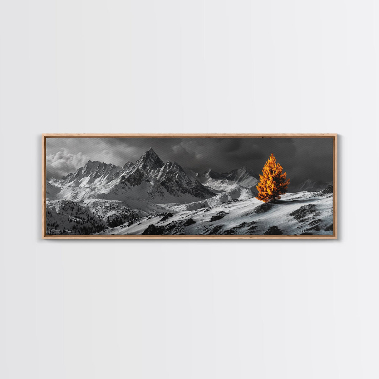 Lone Golden Tree, Snowy Mountains, Dramatic Sky, Canvas Print, Winter Wall Art, Moody Landscape, Minimalist Home Decor