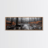 Autumn Forest Stream, Bare Trees, Orange Leaves, Framed Canvas Print, Fall Wall Art, Cozy Nature Scene, Entryway Decor