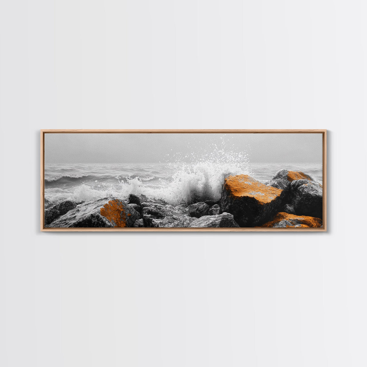 Orange Splash Rocks, Coastal Waves, Sea Spray Art, Canvas Print, Modern Beach Decor, Nature Wall Art, Bold Ocean Landscape