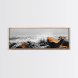Orange Splash Rocks, Coastal Waves, Sea Spray Art, Canvas Print, Modern Beach Decor, Nature Wall Art, Bold Ocean Landscape