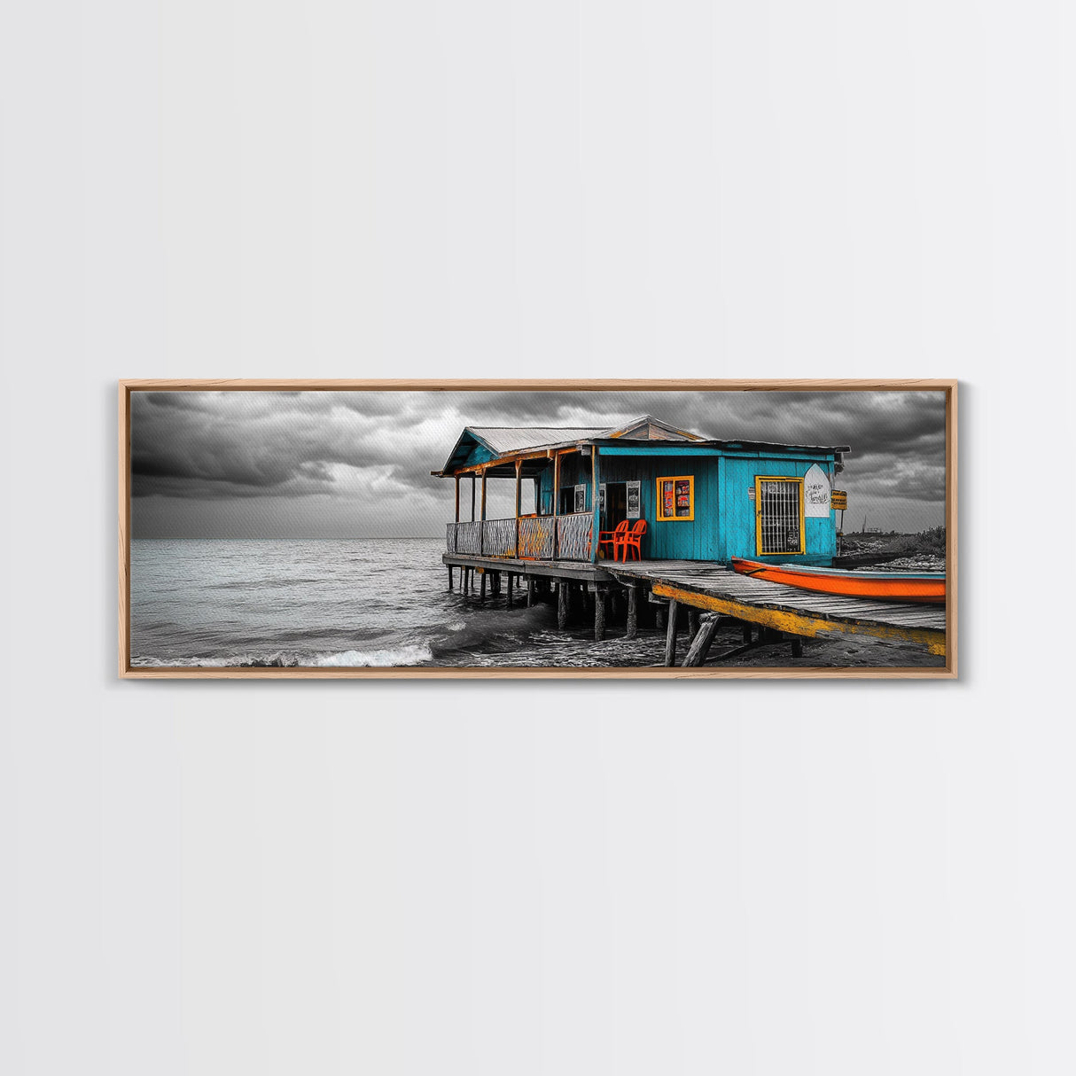 Rustic Shack, Ocean Pier, Stormy Skies, Tropical Retreat, Framed Canvas Print, Nautical Wall Art, Beach Cabin Decor, Lake House Style