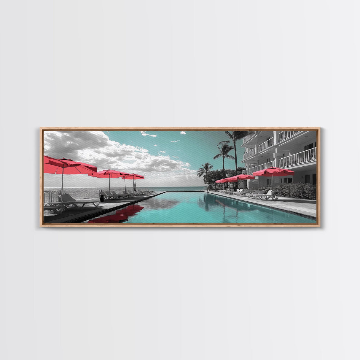 Poolside Escape, Beach Umbrellas, Luxury Retreat, Modern Resort, Framed Canvas Print, Vacation Vibes, Coastal Living, Bedroom Wall Art