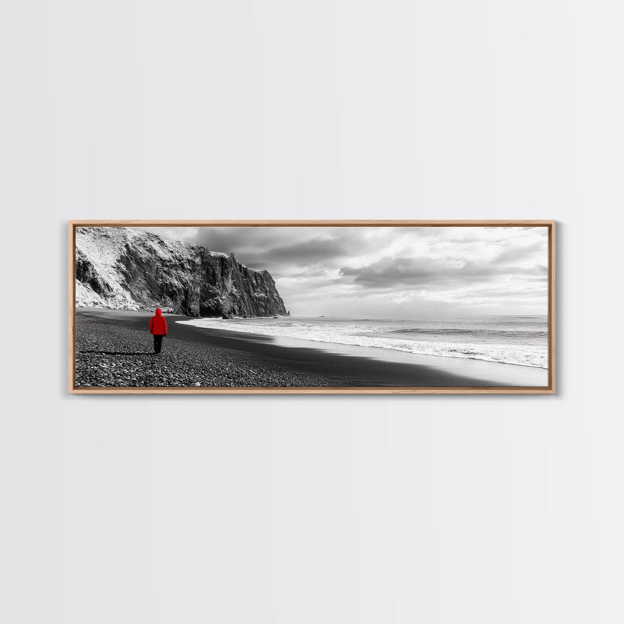 Red Jacket Wanderer, Moody Coastal Cliff Scene, Monochrome Photography, Framed Canvas Print, Modern Minimalist Office Wall Art