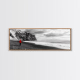Red Jacket Wanderer, Moody Coastal Cliff Scene, Monochrome Photography, Framed Canvas Print, Modern Minimalist Office Wall Art
