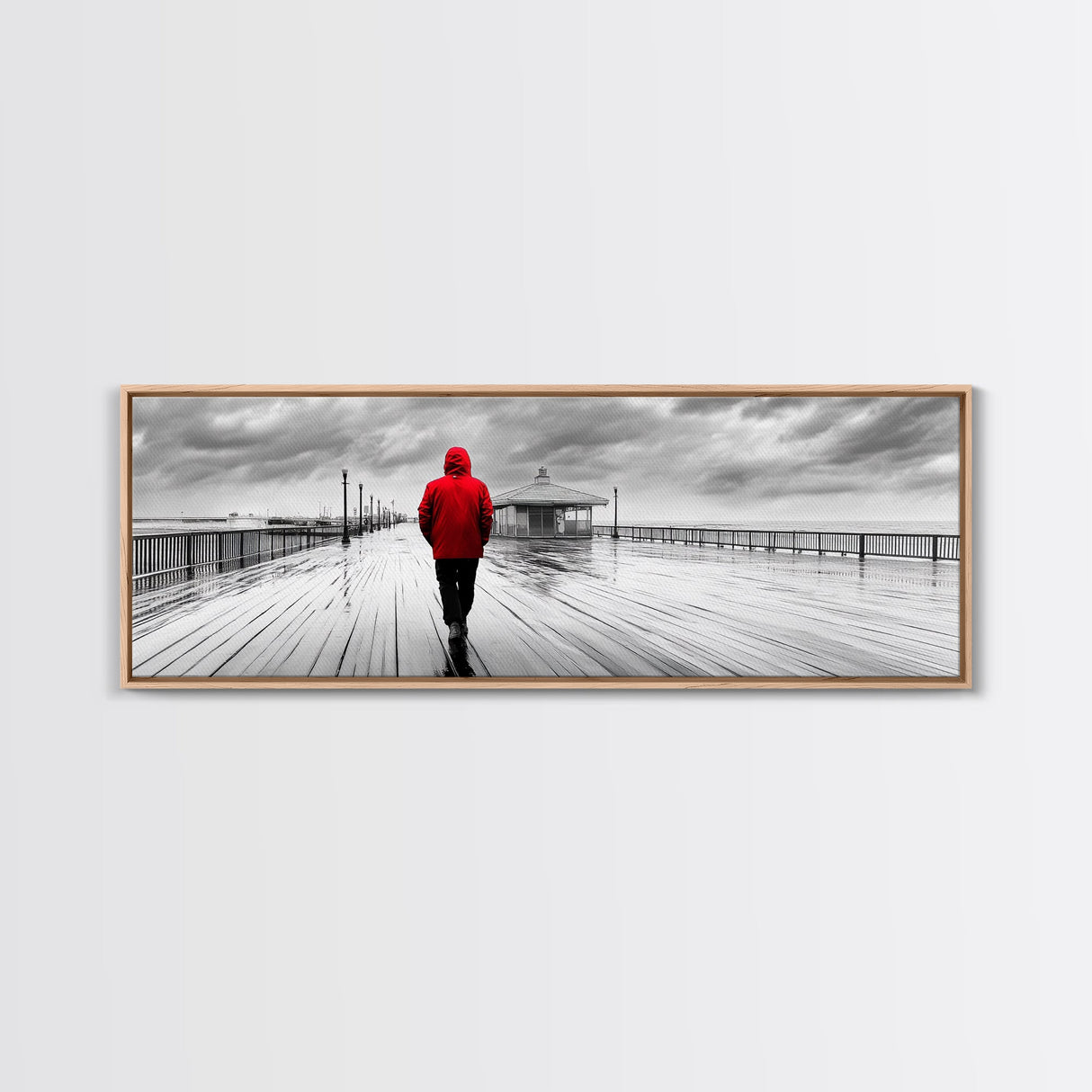 Red Jacket Walk, Rainy Boardwalk Scene, Urban Solitude, Moody Landscape Photography, Canvas Print, Entryway Wall Art, Minimalist Decor